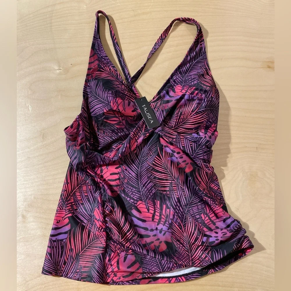Talisea Pink and Purple Leaf Print Swim Top Large (OO)